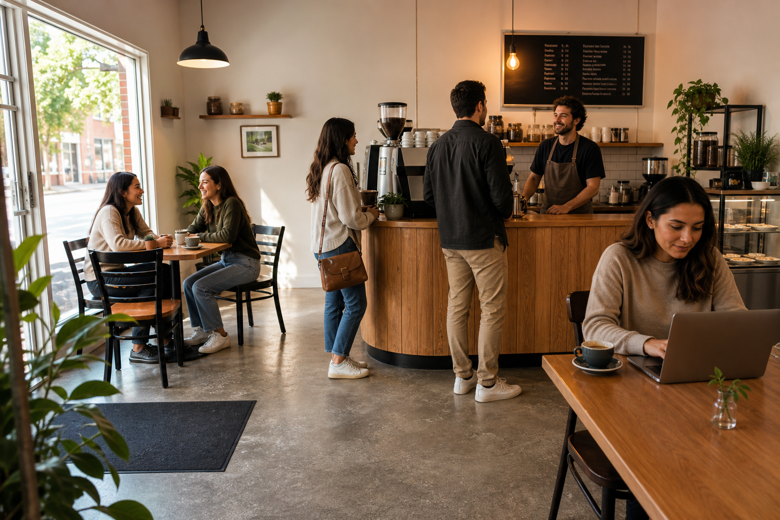 Busy coffee shop lifestyle marketing image generated with Instant Photoshoot