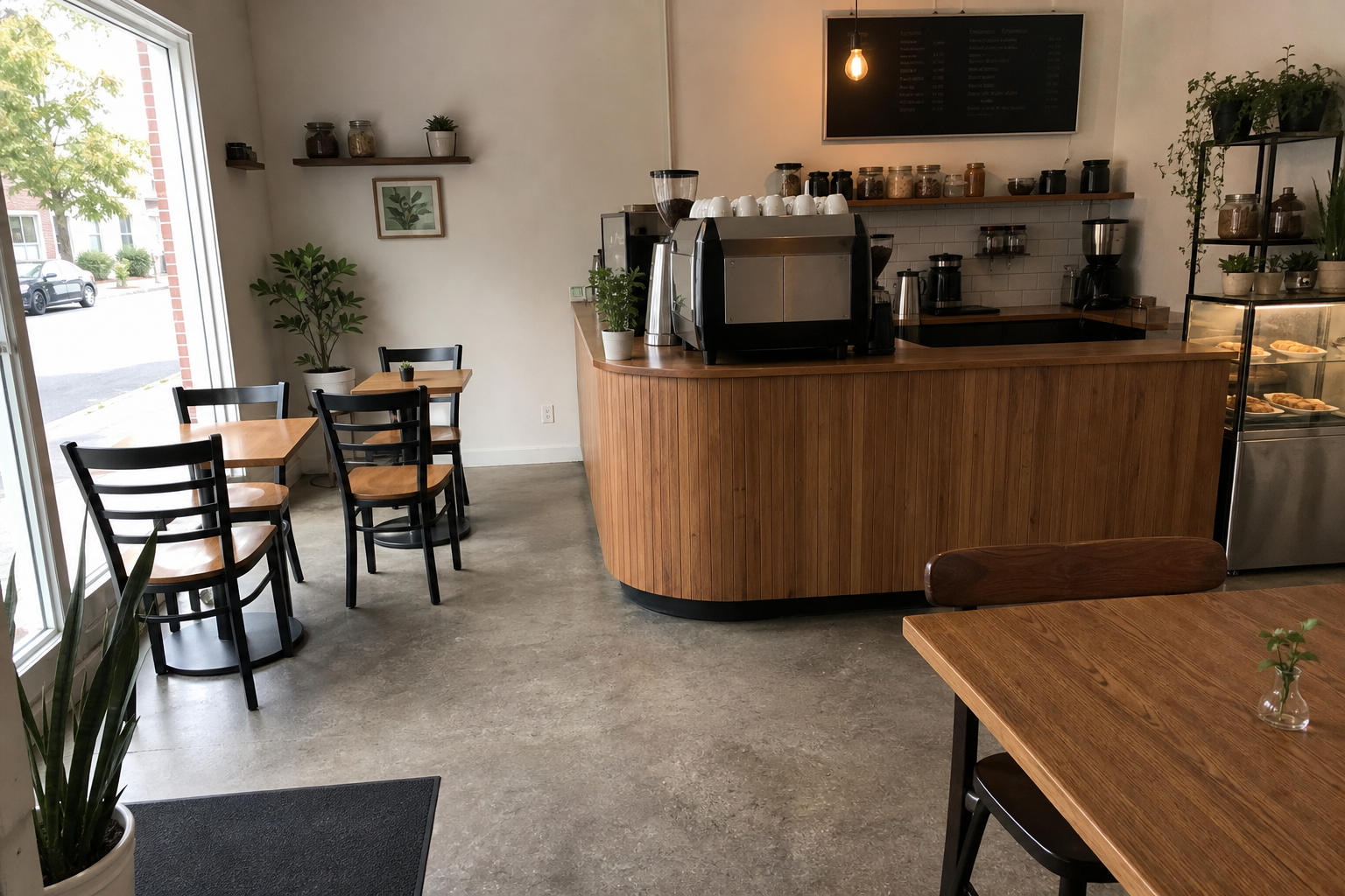 Empty new coffee shop photographed on a phone before AI enhancement